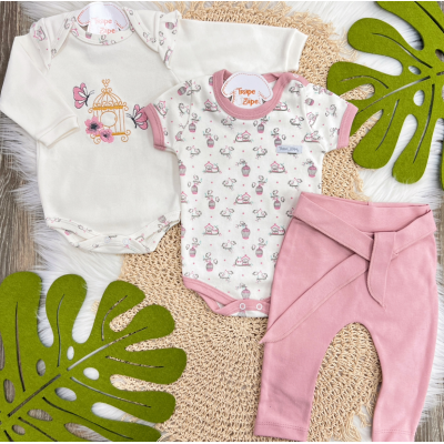 Conj. de Malha 3 peças - Gaiola de Passarinhos com Borboletas - Off White e Rose